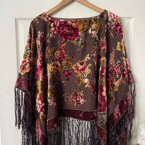 John Paul Richard beaded velvet fringe floral print poncho